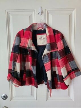 Hollister Red Plaid Womans Short Peacoat
